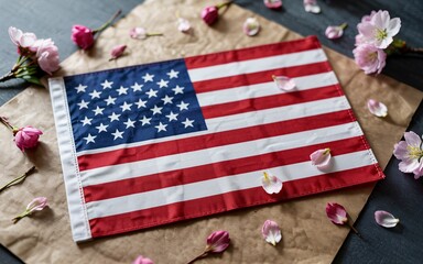 Fototapeta premium Paris, France ,Romantic Spring, American flag surrounded by cherry blossoms on kraft paper