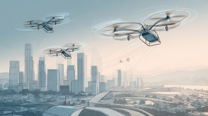 Fototapeta premium Drone delivery systems over a modern city skyline.