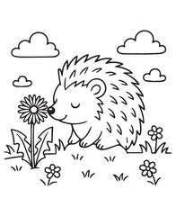 Coloring book hedgehog with closed eyes gently sniffs a dandelion in a field of grass and flowers 