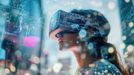 Woman wearing virtual reality headset exploring a cityscape at night