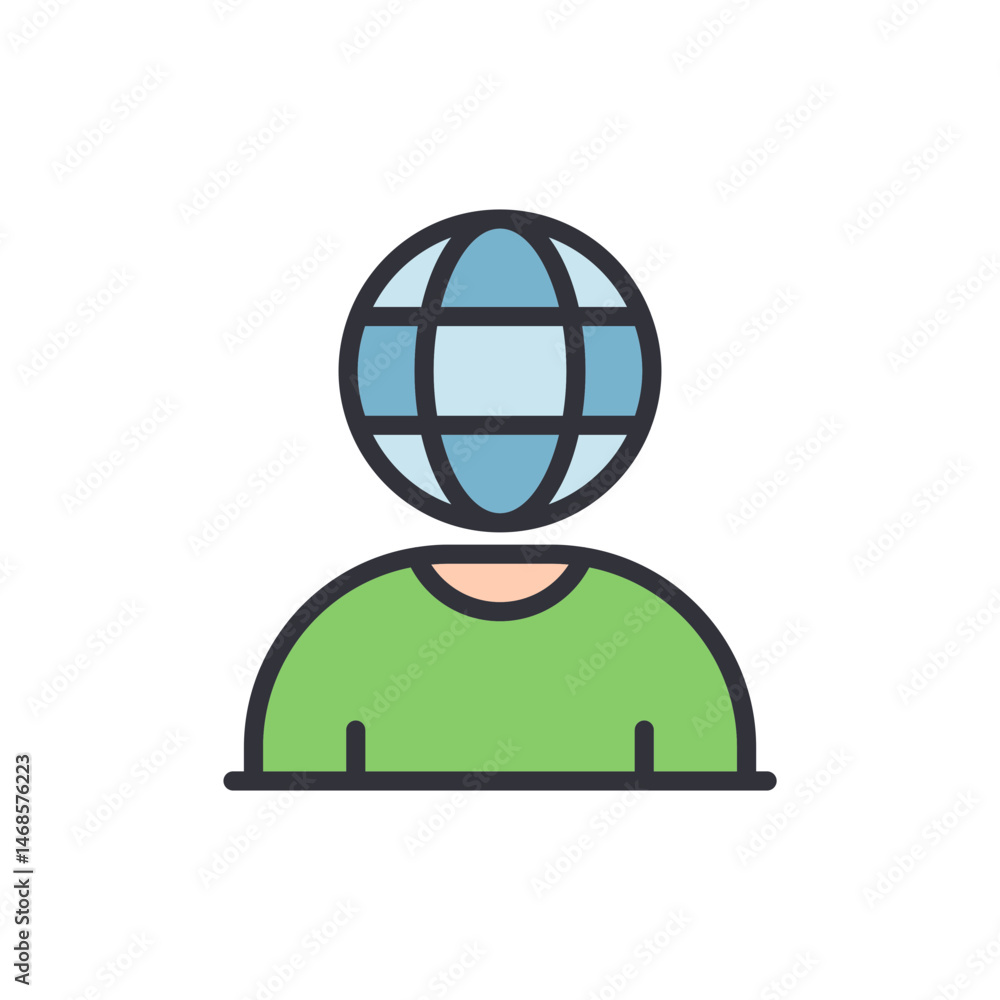 Poster conceptual depiction of interconnectedness with a globe-headed character