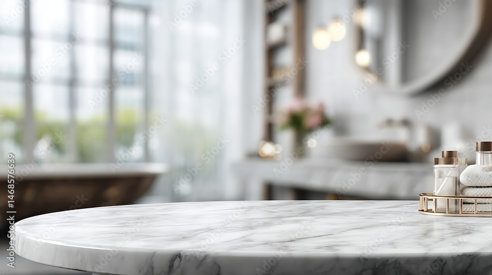 Poster marble table with blurred bathroom background for product display