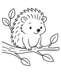 Coloring book hedgehog sits comfortably on a tree branch with leaves