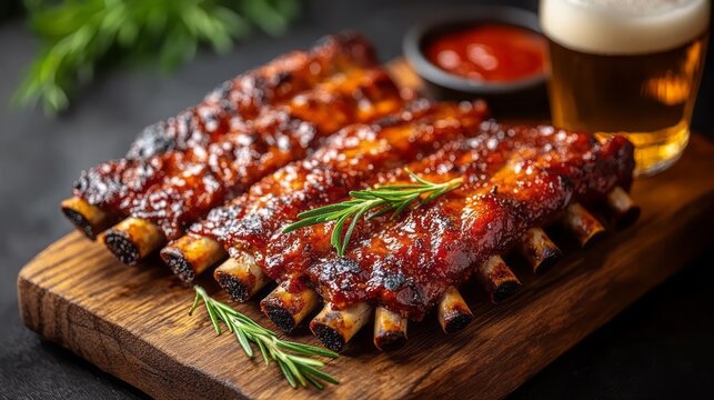 Deliciously grilled ribs with rosemary and a side of beer.