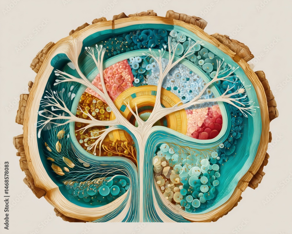 Poster intricate tree design with vibrant colors and swirling patterns. scientific illustration.