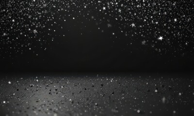 Obraz premium Black backdrop with scattered silver glitter stars, twinkling festive design, pattern, magic
