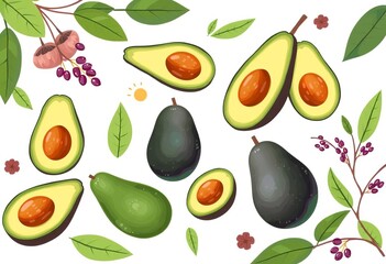Obraz premium Abstract avocado set; healthy vegan food, botanical, fruits, modern style, vector, illustration, white background, isolated, copy space, plant based, drawing