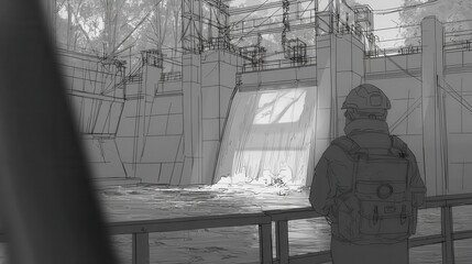 Grey scale illustration of a water dam structure.