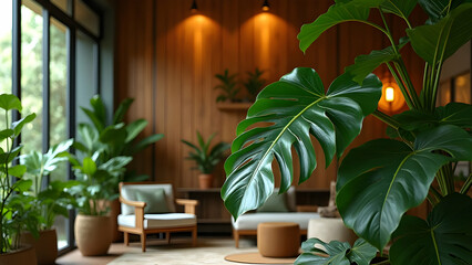 Fototapeta premium Interior Design with Plants in Warm Light and Wood Background