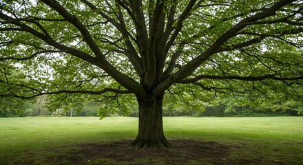 Fototapeta premium Large Tree with Green Leaves in a Grassy Field