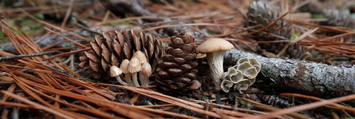 Exploring the Rich Texture of the Forest Floor With Pine Needles, Cones, and a Variety of Fungi During Autumn Generative AI