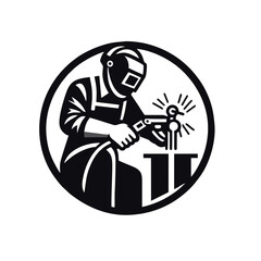 Welder Logo, Black Outline of Welder Using Torch, Vector Flat Logo, Modern Industrial Style