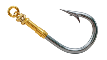 Golden Fishing Hook: A gleaming fishing hook, crafted with precision and elegance, its golden accents sparkling against the sleek silver finish, symbolizing the art of angling.