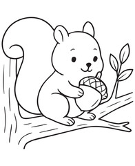 Coloring book squirrel sits on a tree branch, happily holding a large acorn