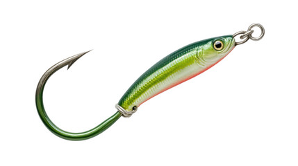 Fishing Lure: A close-up shot of a metallic green and silver fishing lure with a sharp hook, ready to catch the next big fish.