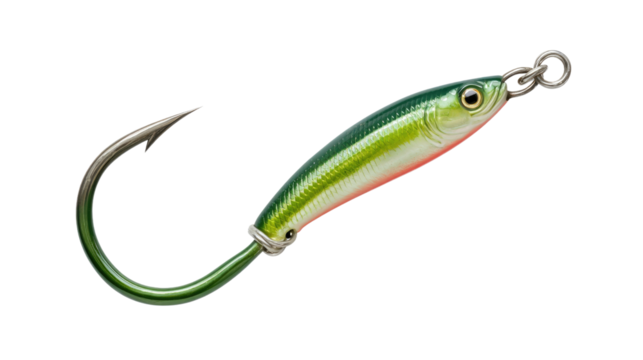 Fishing Lure: A close-up shot of a metallic green and silver fishing lure with a sharp hook, ready to catch the next big fish.