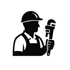Silhouette Plumber Logo Holding a Wrench, Simple Line Art