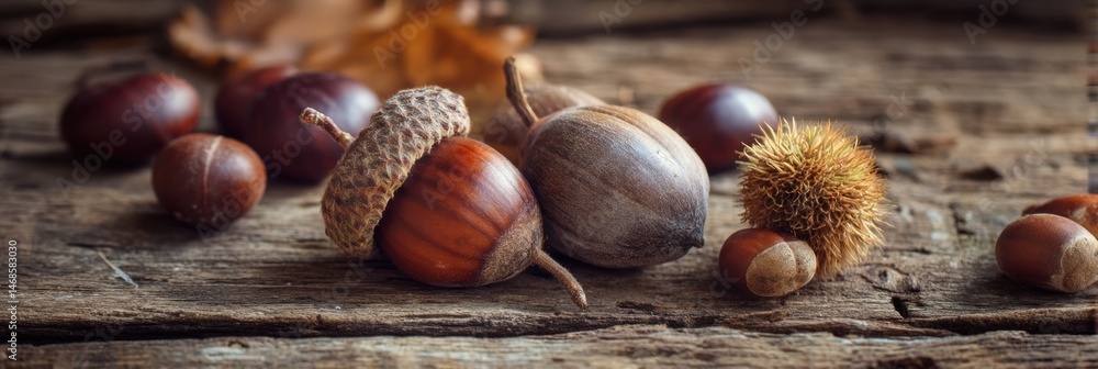 Poster fallen chestnuts and acorns scattered on a rustic wooden table in autumn generative ai