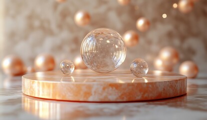 Elegant,  rose-gold pedestal,  crystal spheres,  display.