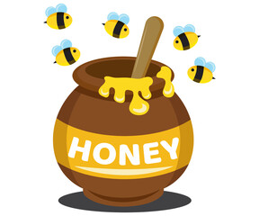 Cute Honey jar with bees flying, sweet organic food cartoon illustration