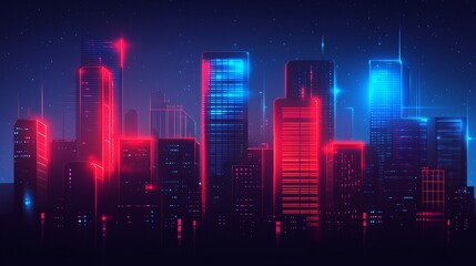 Naklejka premium Cyberpunk Cityscape at Night: Glowing Red and Blue Neon Lights Illuminate Futuristic Skyline Silhouette