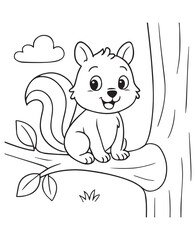 Coloring book squirrel sits happily on a tree branch under a fluffy cloud