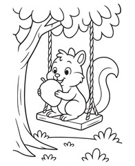 Coloring book squirrel sits on a swing hanging from a tree branch, happily holding an acorn.
