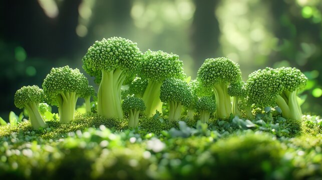 Intricate broccoli flora in a forest setting.