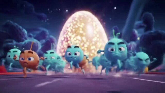 A funny cartoon animation showing a group of sperm racing toward the egg like they're in a sports competition,
