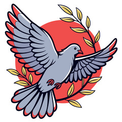 Obraz premium A stylized illustration of a dove in flight with a red circle and olive branch design