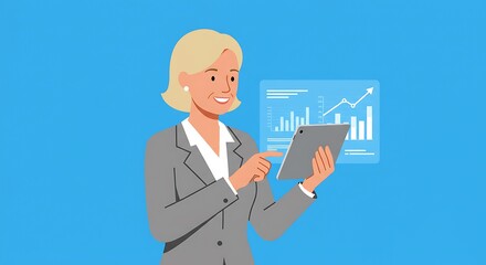 Smiling businesswoman interacts with a digital tablet showing financial data.