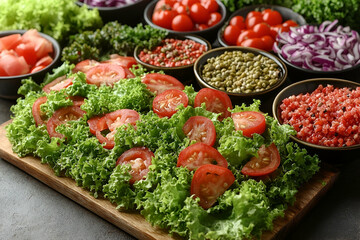 Fresh Salad Ingredients: Red Tomatoes and Green Lettuce on Dark Background