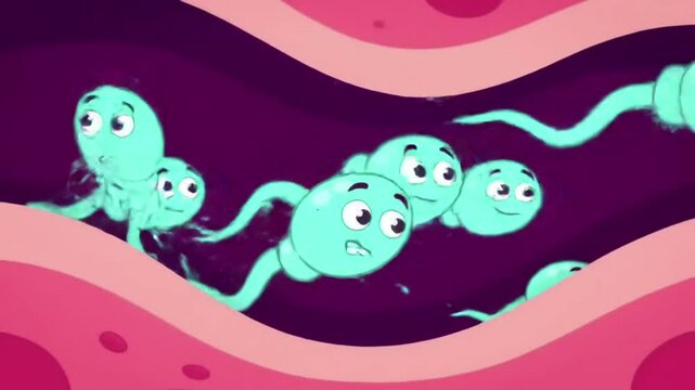 A time-lapse style cartoon showing how sperm are created inside the testes, animated in a simplified and humorous way
