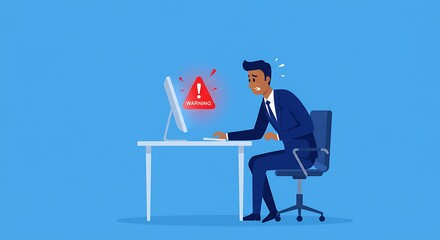 Stressed businessman looking at a computer warning.
