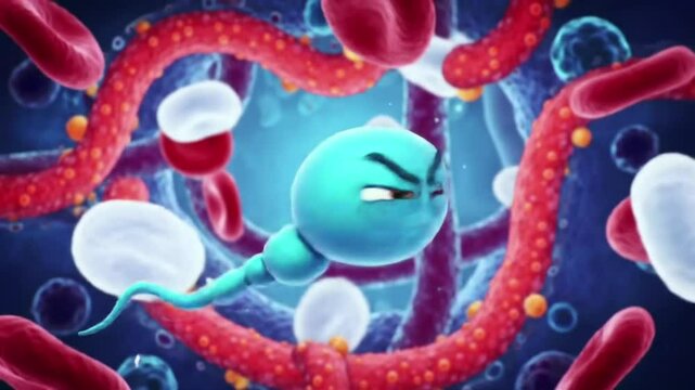 A sperm cartoon character going on an epic adventure inside the human body, facing obstacles like white blood cells and acidic environments