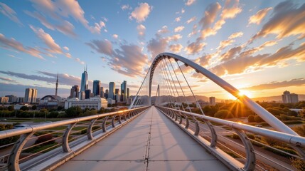 Obraz premium Beautiful sunset view over a modern bridge leading to a vibrant city skyline with colorful clouds in the background