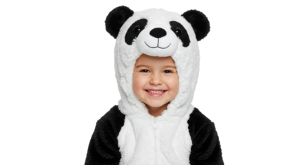 a young child in a fluffy black and white panda costume with round ears (PNG)