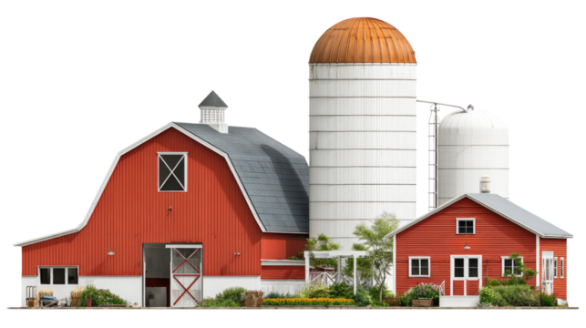 Farmstead Panorama: A picturesque rural farmstead, showcasing a classic red barn, silos, and a cozy farmhouse, evoking a sense of traditional agriculture and countryside charm.