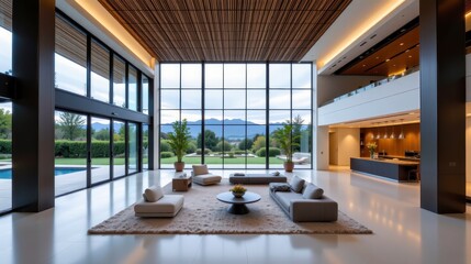 Modern luxurious living room with large windows showcasing scenic mountain views and elegant interior design elements