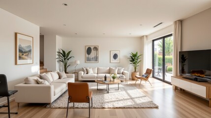 Fototapeta premium Modern and Spacious Living Room with Elegant Furniture, Bright Natural Light, and Minimalist Decor
