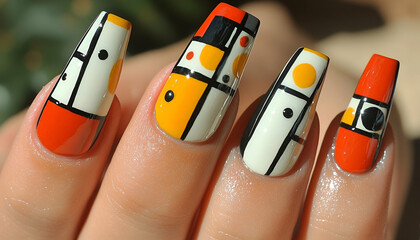 Geometric Abstract Nail Art Design in Red Yellow and White
