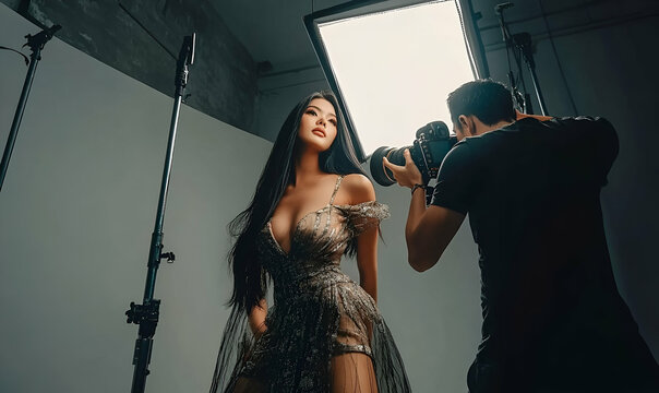 Glamorous Woman in Sparkly Dress During a Professional Photo Shoot - Powered by Adobe