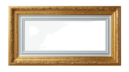 Golden Gallery Frame: A classical, meticulously crafted picture frame with a decorative gold border and an elegant white inset, perfect for displaying art and capturing attention.