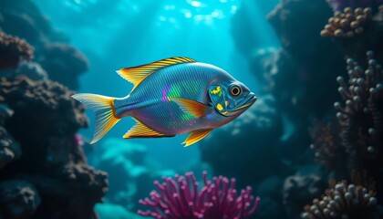 Iridescent fish shimmer, mystical light illuminates vibrant coral reef, empty space,  deep sea, underwater