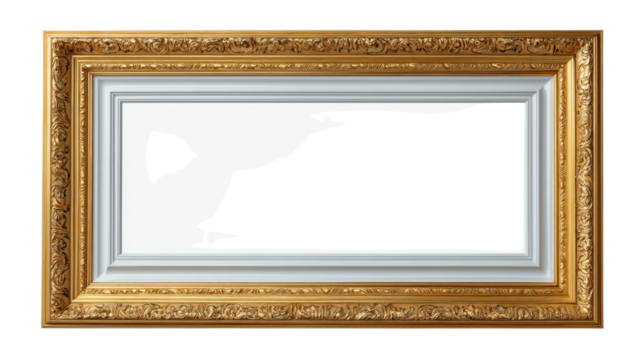 Golden Gallery Frame: A classical, meticulously crafted picture frame with a decorative gold border and an elegant white inset, perfect for displaying art and capturing attention.
