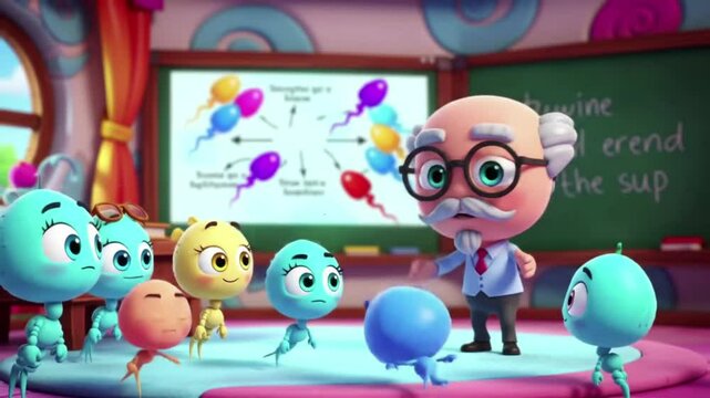 An animated classroom scene where sperm are being taught how to swim and what to expect during fertilization
