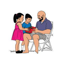little boys and girls giving gifts to father. Cartoon Style Illustration
