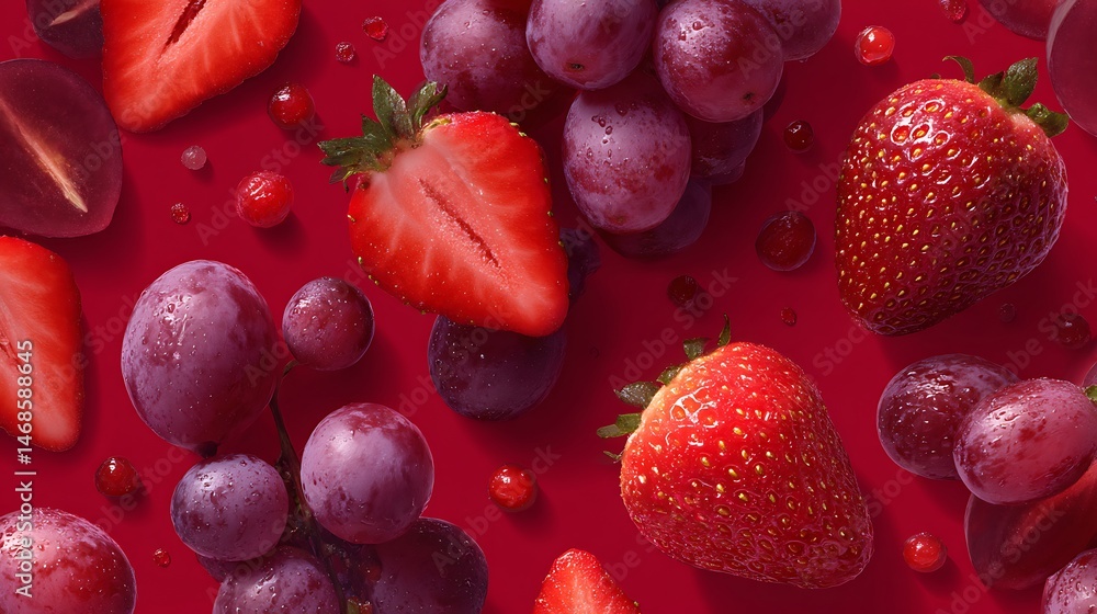 Aufkleber Mix between red grape and red berries and strawberries on a red background, with fresh slices of grape spreading around