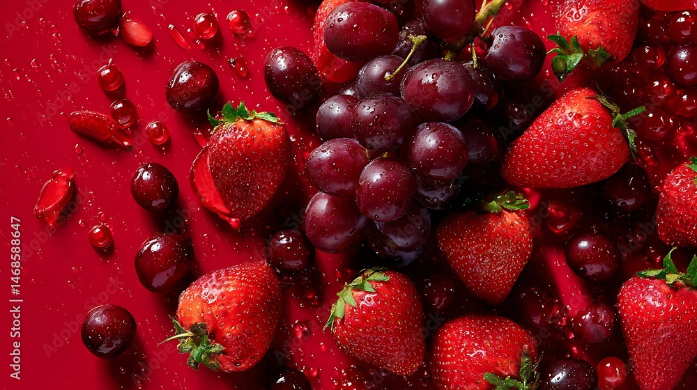 Poster Mix between red grape and red berries and strawberries on a red background, with fresh slices of grape spreading around