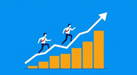 Two businesspeople ascending a rising graph.
